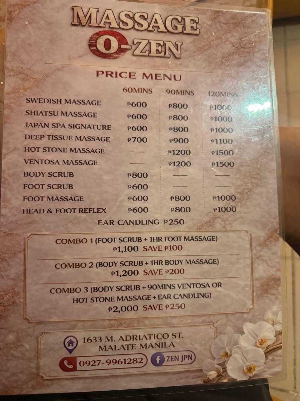 Massage O-Zen 店頭メニュー料金表